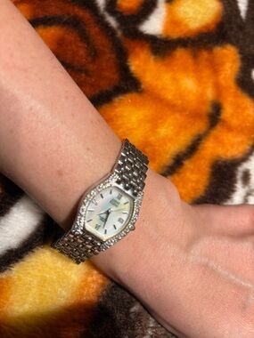 Anne Klein Silver-Tone Crystal Accent Women's Watch with Mother-of-Pearl Dial